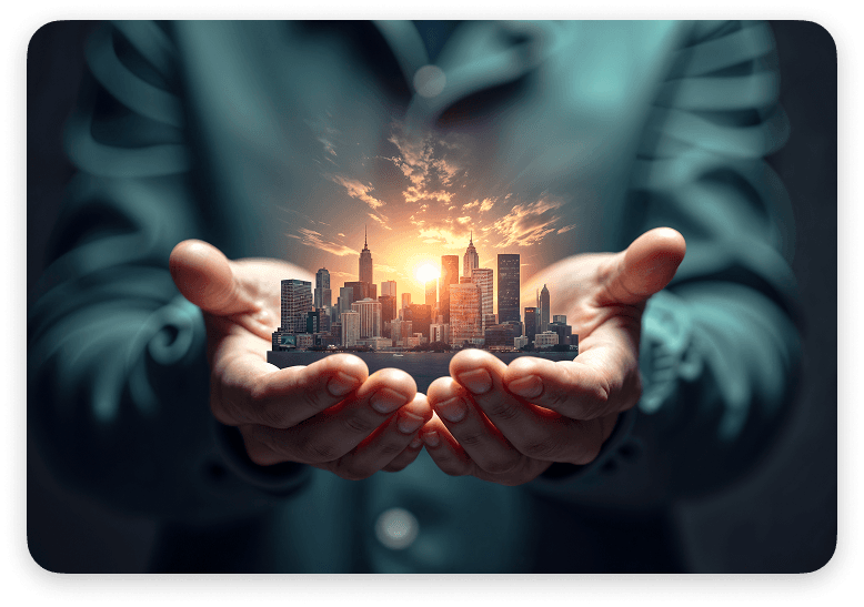 Hands holding a glowing city skyline